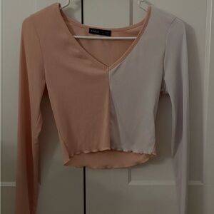 SHEIN Two-Tone V-Neck Long Sleeve Top - Peach and Light Gray